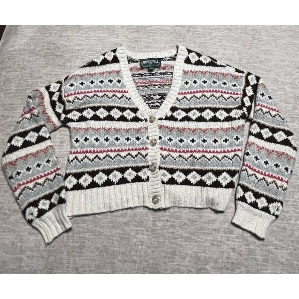 American Eagle Women's Fair Isle Knit Button Cardigan Sweater XS Cream Brown Red